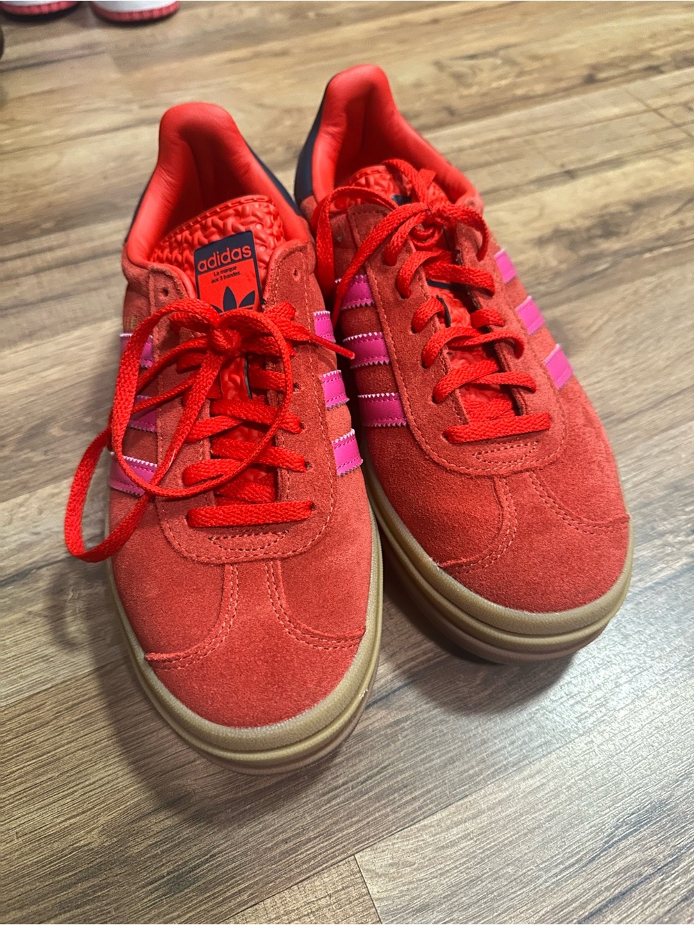 adidas Women's platform Red Suede Sneakers with Pink Stripes and Gum Sole
